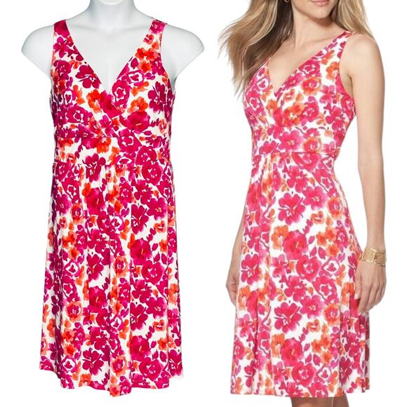 Chaps Large Sleeveless Midi Dress V Neck A Line Pink White Floral Jersey Print - Picture 1 of 9